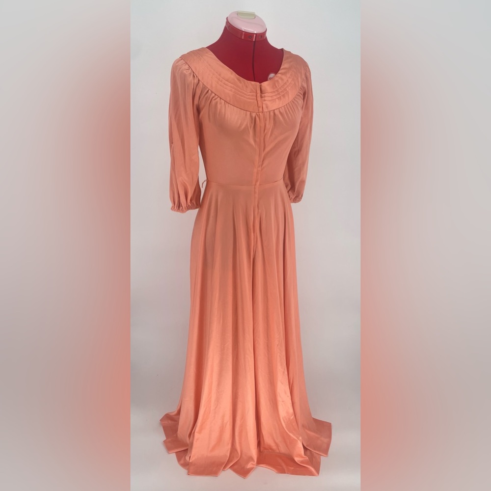 1970s Coral Nylon Hostess Dress House Coat / Maxi Length Lounging Gown - Picture 7 of 16